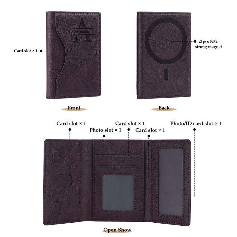 May include: A brown leather wallet with a magnetic closure. The front of the wallet has a personalized initial and the back has a built-in wireless charging pad. The wallet opens to reveal multiple card slots, a photo slot, and an ID card slot.