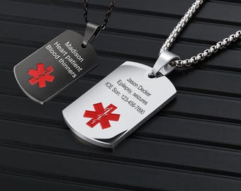 Dije de alerta médica, collar para hombre, médico personalizado, collar de identificación médica, regalo para papá, alerta de alergia, alergia médica, médico personalizado