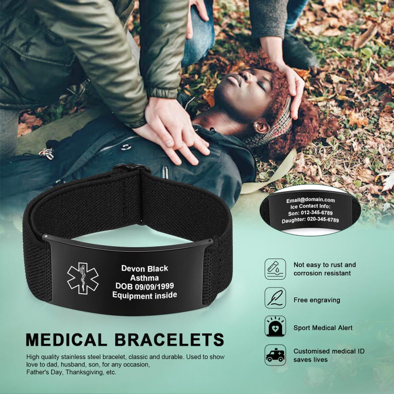 May include: Black medical ID bracelet with a stainless steel plate. The plate has the name "Devon Black", medical condition, and date of birth. The image also shows a person receiving medical attention.