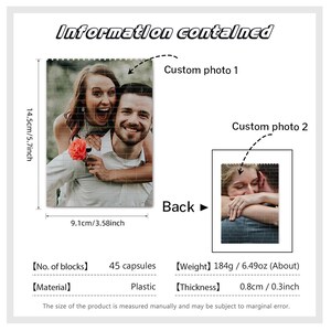 Peut inclure: Un puzzle photo personnalis&eacute; avec 45 capsules, en plastique, mesurant 14,5 cm par 9,1 cm et pesant 184 g. Le puzzle pr&eacute;sente deux photos d'un couple, l'une avec l'homme tenant la femme sur ses &eacute;paules et l'autre avec le couple en train de s'embrasser.