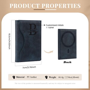 May include: A blue leather wallet with a personalized initial and name, "Brian", on the front. The back of the wallet is plain. The wallet measures 4.02 inches tall and 2.76 inches wide.
