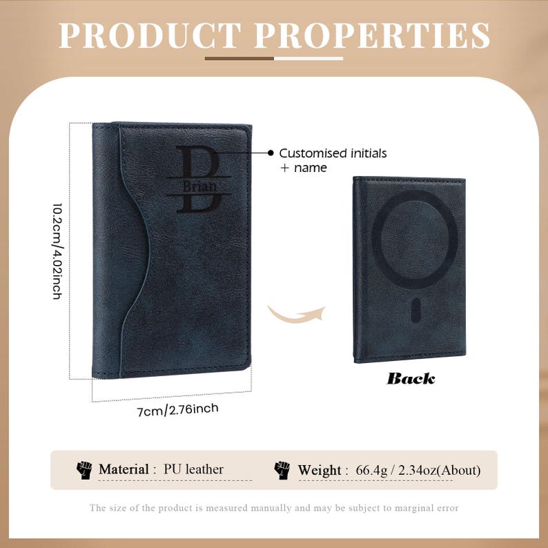 May include: A blue leather wallet with a personalized initial and name, "Brian", on the front. The back of the wallet is plain. The wallet measures 4.02 inches tall and 2.76 inches wide.