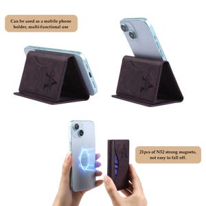 May include: A brown leather phone case with a magnetic closure. The case can be used as a phone stand and has a pocket for cards. The case has 21 strong magnets to keep your phone secure.