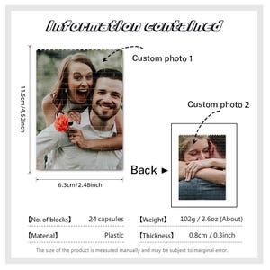Peut inclure: Un puzzle photo personnalis&eacute; avec 24 capsules, en plastique, mesurant 11,5 cm sur 6,3 cm. Le puzzle p&egrave;se 102 g et a une &eacute;paisseur de 0,8 cm.