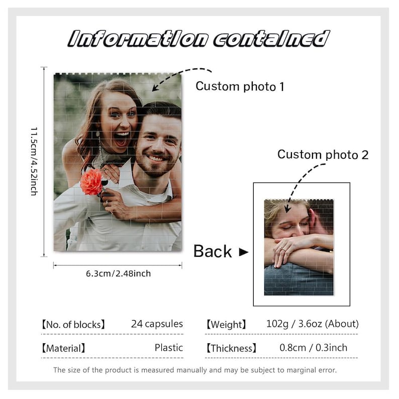 Peut inclure: Un puzzle photo personnalis&eacute; avec 24 capsules, en plastique, mesurant 11,5 cm sur 6,3 cm. Le puzzle p&egrave;se 102 g et a une &eacute;paisseur de 0,8 cm.