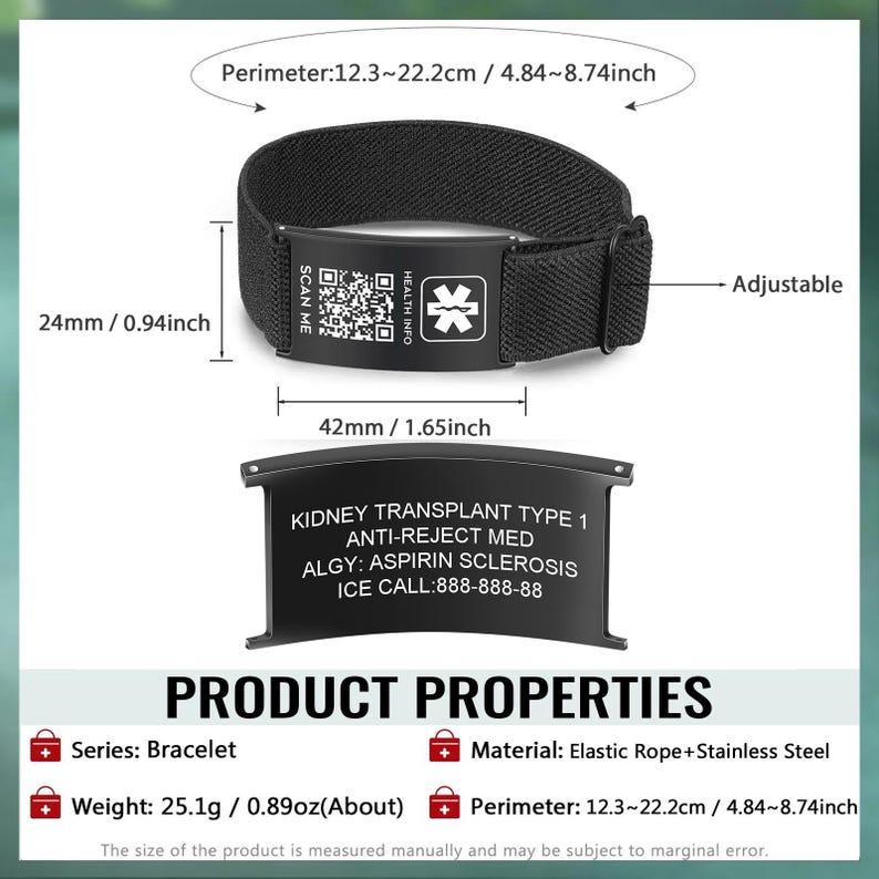 May include: Black adjustable medical ID bracelet with a stainless steel plate. The plate includes a QR code, medical symbol, and space for health information. The bracelet's perimeter is 4.84-8.74 inches, and it weighs 0.89 ounces.