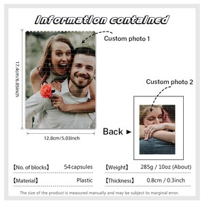 Peut inclure: Un puzzle photo personnalis&eacute; avec deux images de couples. Le puzzle est compos&eacute; de 54 capsules en plastique et mesure 17,4 cm sur 12,8 cm. Le puzzle p&egrave;se 285 grammes.