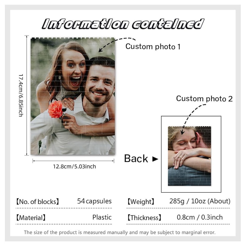 Peut inclure: Un puzzle photo personnalis&eacute; avec deux images de couples. Le puzzle est compos&eacute; de 54 capsules en plastique et mesure 17,4 cm sur 12,8 cm. Le puzzle p&egrave;se 285 grammes.