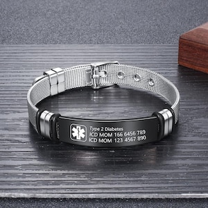 Bracelet d'alerte médicale personnalisé - carte d'identité gravée personnalisée pour les patients épileptiques, diabétiques, hypertendus et allergiques