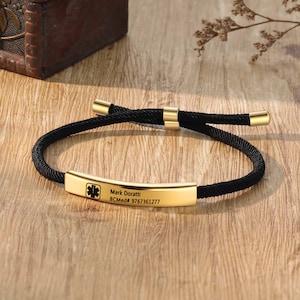 Personalized medical alert ID bracelet with cord, health information bracelet, adjustable engraved bracelet, for diabetics, autism, etc.