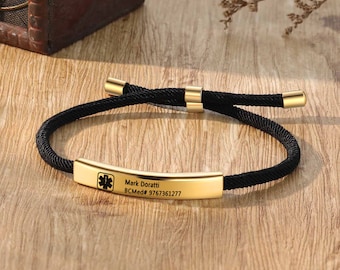 Personalized medical alert ID bracelet with cord, health information bracelet, adjustable engraved bracelet, for diabetics, autism, etc.