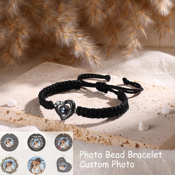 Bracciale con perline personalizzato con immagine all'interno di foto proiezione bracciale cristallo nero agata bianco turchese bracciali per fidanzato fidanzato anniversario coppie gioielli