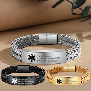 May include: Three stainless steel medical alert bracelets with a black, silver, and gold finish. Each bracelet has a medical symbol and the text "Type 2 Diabetes", "ICD MOM 123 666686548", and "ICD MOM 159 5872 25449".