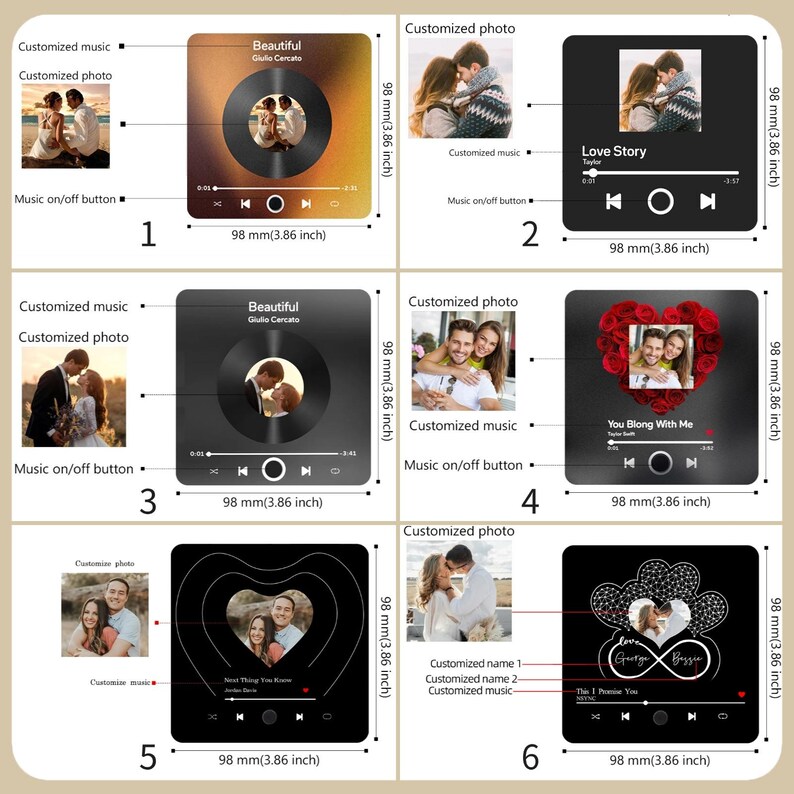 K&ouml;nnte beinhalten: Sechs verschiedene Designs f&uuml;r einen personalisierten Musik-Fotorahmen. Jeder Rahmen ist schwarz mit einem wei&szlig;en Rand und verf&uuml;gt &uuml;ber ein anderes Design, darunter ein Plattenspieler, ein Herz und eine Rose. Jeder Rahmen hat Platz f&uuml;r ein Foto und eine personalisierte Nachricht. Die Rahmen sind 98 mm breit.