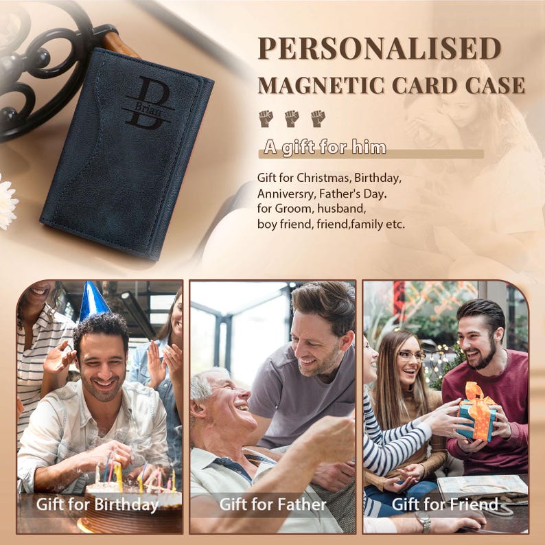 May include: A blue personalized magnetic card case with the letter "B" and the name "Brian" embossed on the front. The case is shown on a white background with a text overlay that reads "Personalized Magnetic Card Case" and "A gift for him".