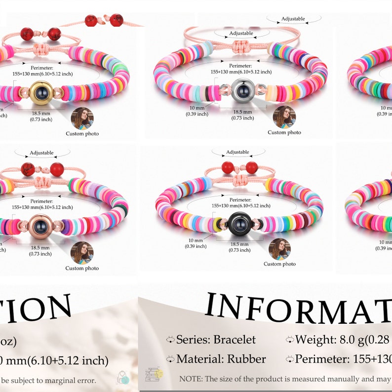 Op de afbeelding: Vier verstelbare armbanden met een kleurrijk regenboogontwerp. Elke armband heeft een kleine ronde bedel met een foto erin. De armbanden zijn gemaakt van rubber en hebben een omtrek van 6,10 tot 5,12 inch. De tekst "Omtrek: 155+130 mm (6,10+5,12 inch)" is zichtbaar in de afbeelding.
