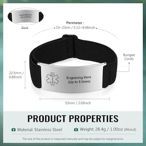 May include: Black stainless steel medical ID bracelet with a silver plate. The plate has a medical symbol and space for engraving up to 5 lines. The perimeter is 5.12-9.06 inches, and the width is 0.89 inches. The weight is about 1.00 oz.
