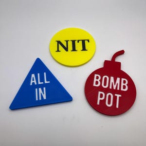 Botones de póquer de 3": ciega grande, ciega pequeña, botón del repartidor, all in, bote bomba, juego NIT, cualquier color