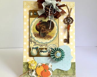 Vintage Turkey Thanksgiving Decor with Archive File - 1909 Farmhouse Shelf Sitter for Mantel or Tiered Tray - Cottagecore Fall Accent