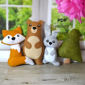 Felt animals sewing pattern, woodland baby mobile pattern, Fox Bunny Bear tree felt DIY, forest Animals sewing tutorial