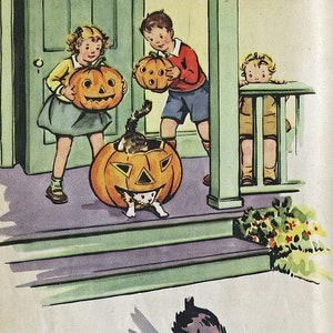 Set of TWO 5x7 1950&#39;s Halloween Festivities Retro Quilters Craft Fabric Blocks