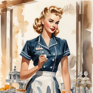May include: A woman in a blue uniform with a white apron and a name tag that reads "L.G. Smith" is standing behind a counter. She is holding a tray with a glass of orange juice and a plate of food. The counter is decorated with a silver serving dish and a glass jar with a lid.