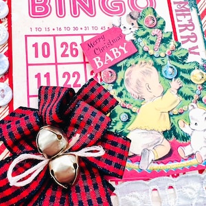 Tarjeta navideña retro vintage de los años 50 hecha a mano para la primera Navidad de un bebé