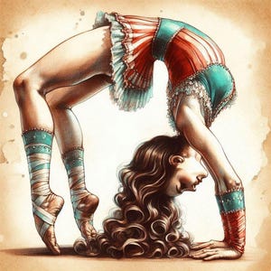 May include: An illustration of a person in a contorted pose, arched backward with head touching the ground. The person wears a red, white, and blue costume with ruffled trim and matching leg wraps. The artwork has a vintage, circus-like aesthetic.