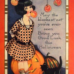 Set aus ZWEI 4x7 Vintage Halloween Mädchen Quilt- und Stoffblöcken