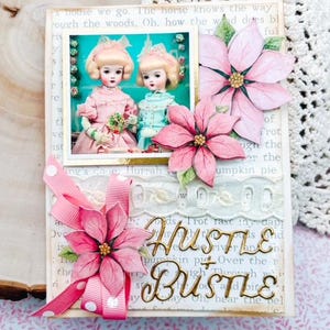 Handgemachte HUSTLE & BUSTLE Shabby Chic Puppen und Weihnachtssterne Weihnachtskarte