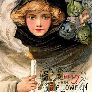 Vintage Halloween Witch and Goblins 7x10 Craft & Quilt Cotton Fabric Block