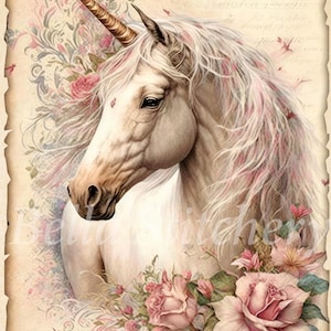 May include: A white unicorn with a gold horn and pink mane, surrounded by pink roses and green leaves on a vintage background.
