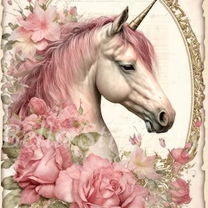 May include: A pink unicorn with a gold horn is surrounded by pink roses and butterflies in a gold ornate frame on a vintage background.