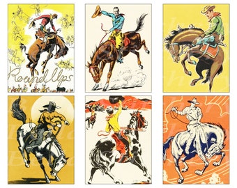 May include: Six vintage illustrations of cowboys riding bucking horses. The cowboys are wearing traditional western clothing and hats. The horses are brown, black, and white. The illustrations are set against a yellow, orange, and white background.