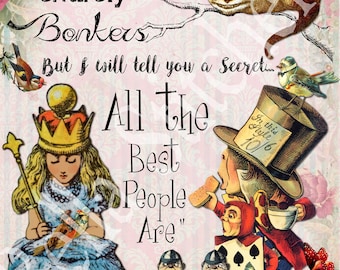 Puede incluir: Ilustración caprichosa con personajes de Alicia en el País de las Maravillas. La imagen incluye a Alicia, el Sombrerero Loco, el Gato de Cheshire y otras figuras. El texto incluye "You are entirely Bonkers" y "All the Best People Are". Fondo floral y vintage.