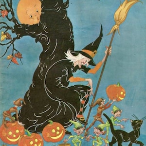 Handgemachte Vintage Halloween Buchseite Hexe & Elfen 8x10 Quilt Bastelstoffblock