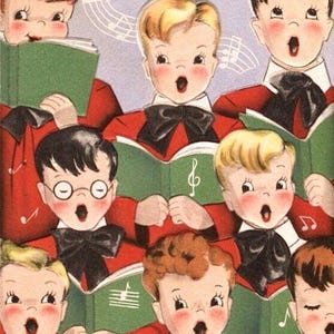 Set of TWO 5x7 Retro Christmas Boys&#39; Choir Craft Quilt Cotton Fabric Blocks