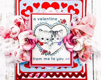 Hecho a mano Vintage Retro Un San Valentín De mí para ti Gatitos y corazones San Valentín