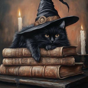 May include: A black cat wearing a witch's hat, resting on a stack of old books. The cat has yellow eyes and is surrounded by two lit candles. The scene has a warm, vintage aesthetic, perfect for Halloween or a whimsical theme.
