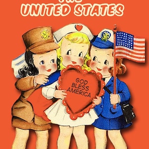 May include: Vintage-style illustration on an orange background featuring three figures representing the military, nursing, and postal service. They hold a heart-shaped sign that reads "God Bless America" and an American flag. The text "We Love The United States" is at the top.