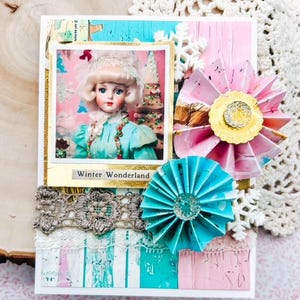Handgemachte WINTER WONDERLAND Shabby Chic Dolls & Rosettes Weihnachtskarte