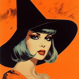 Set aus ZWEI 5x7 Retro Vintage Halloween Hexe #1 Baumwoll- und Bastelblöcken