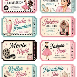 May include: A collection of eight rectangular admission tickets featuring retro illustrations and text including Dance Hall, Beauty Appointment, Soda Fountain, Jukebox Selection, Movie Night, Fashion Show, Roller Rink, and Friendship Tea with pink and blue borders.
