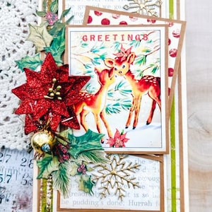 Cartão de felicitações artesanal GREETINGS Vintage Rena na Neve Natal Poinsétia