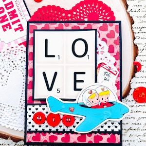 Handmade Vintage Retro LOVE Airplane & Buttons 50&#39;s Valentine Card