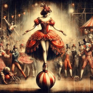 May include: A vintage circus scene illustration. A performer in a red dress balances on a red and white striped ball. Other performers and spectators are in the background, including clowns and acrobats. The scene is set under a big top tent.