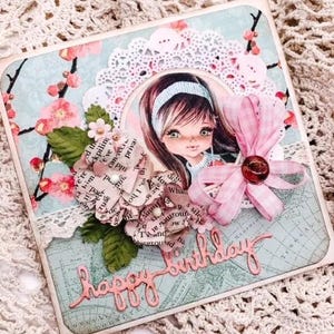 Handgemachtes Vintage Shabby Chic 60er Jahre Mädchen m. Blumen & Spitze Grußkarte zum Geburtstag