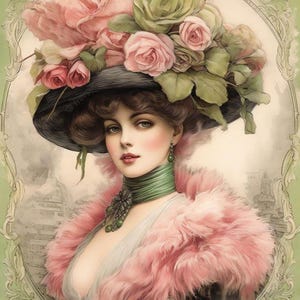 May include: A woman in a vintage portrait wearing a large black hat adorned with pink and green roses. She is wearing a pink fur stole and a green jeweled necklace.