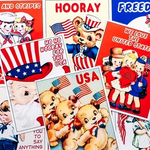 Conjunto retro vintage hecho a mano de 9 PEGATINAS patrióticas del 4 de julio - ¡Simplemente corte y use!