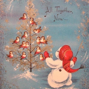 Set of TWO 5x5 - All Together Now - Vintage Retro Snowman Bird Cotton FABRIC Panels